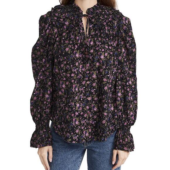 Free People Meant To Be Smocked Blouse Floral Black Combo Peasant Boho - Picture 9 of 9